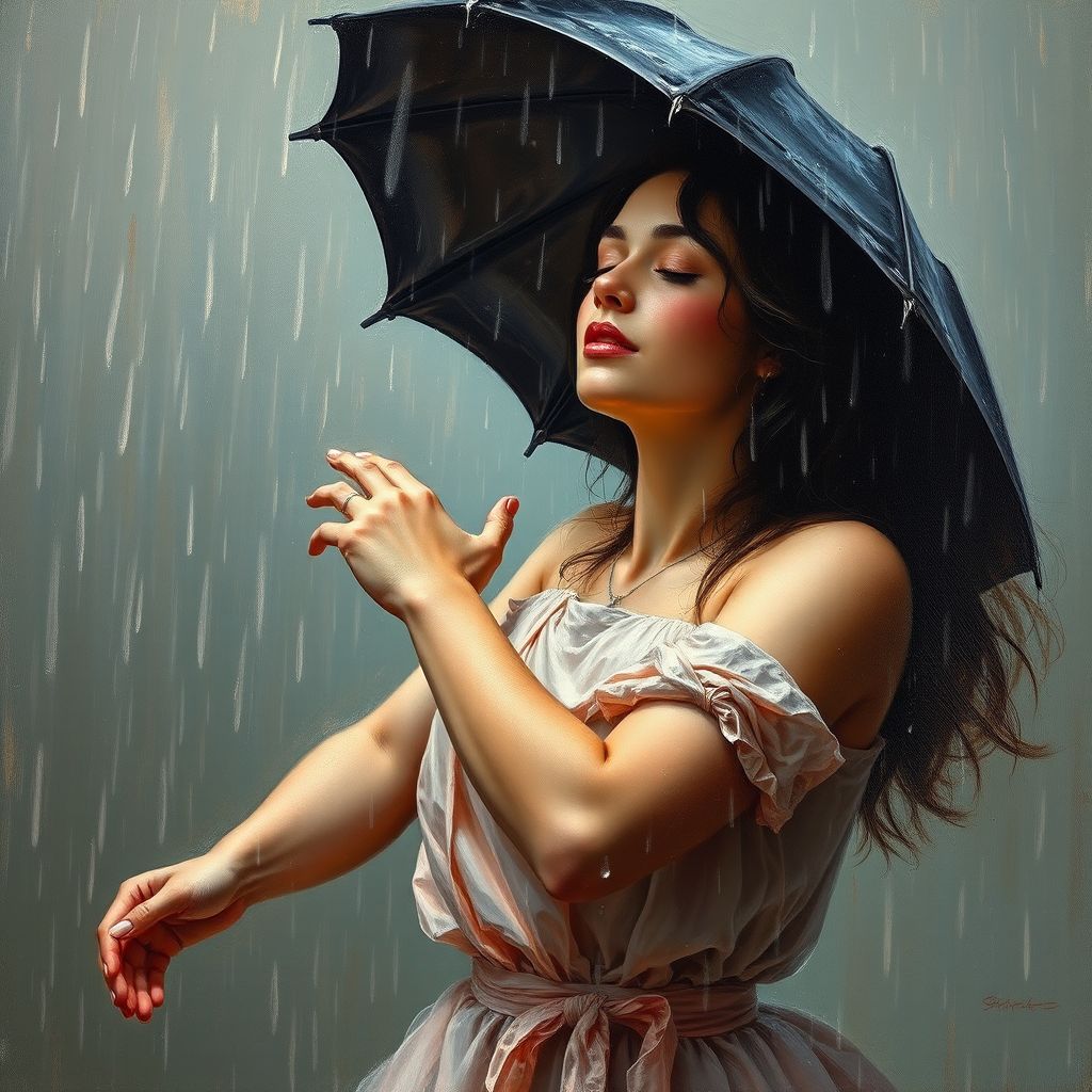 AI image of a photorealistic painting of woman dancing in the rain