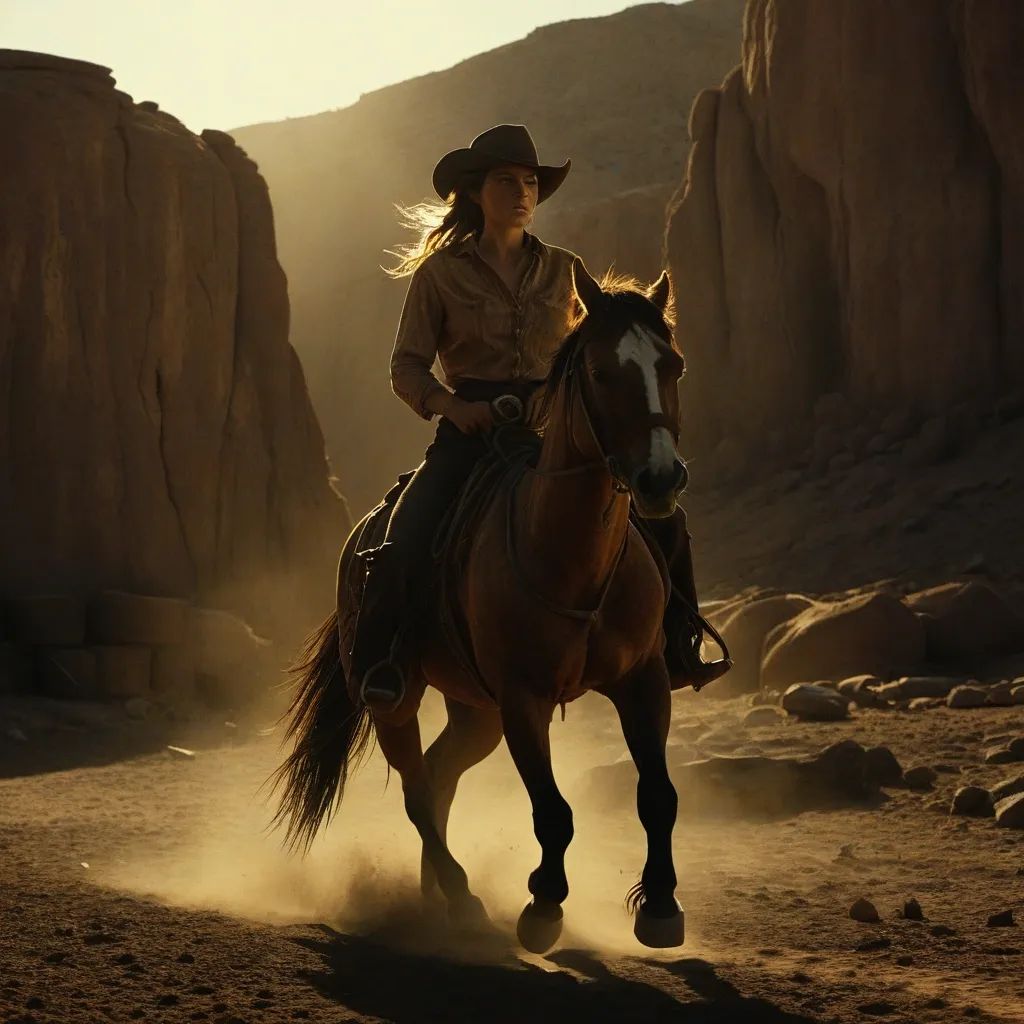 Woman riding horse with mountain in dessert.