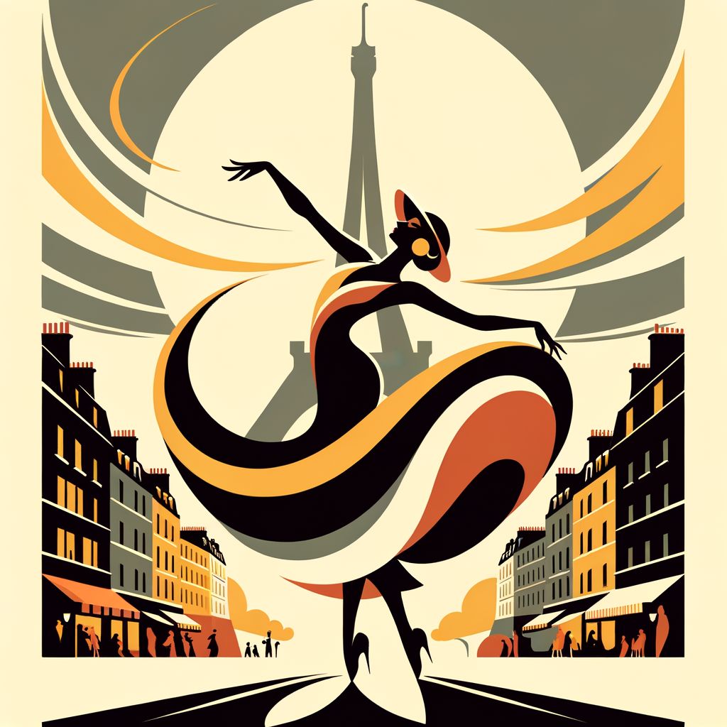 Vintage poster of Paris with woman dancing.