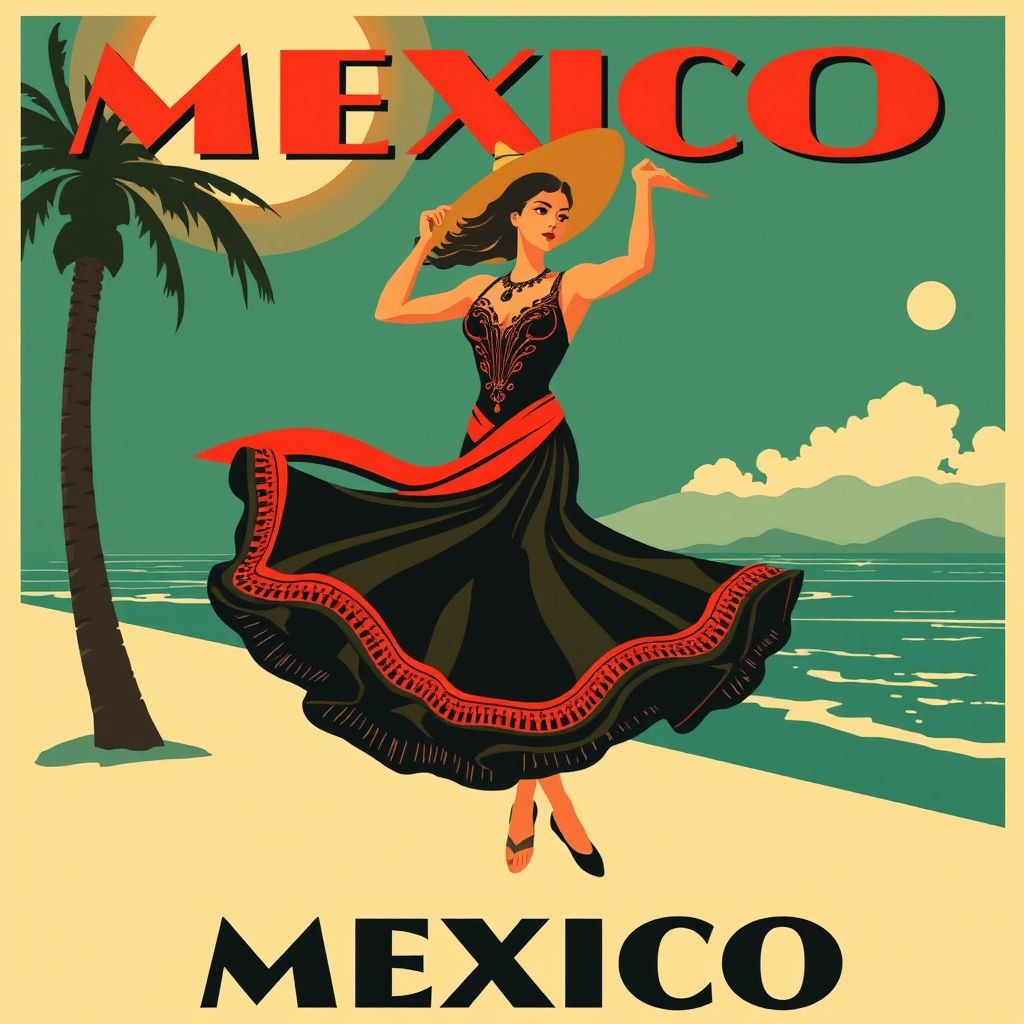 Vintage travel poster of Mexco with beach and woman dancing.