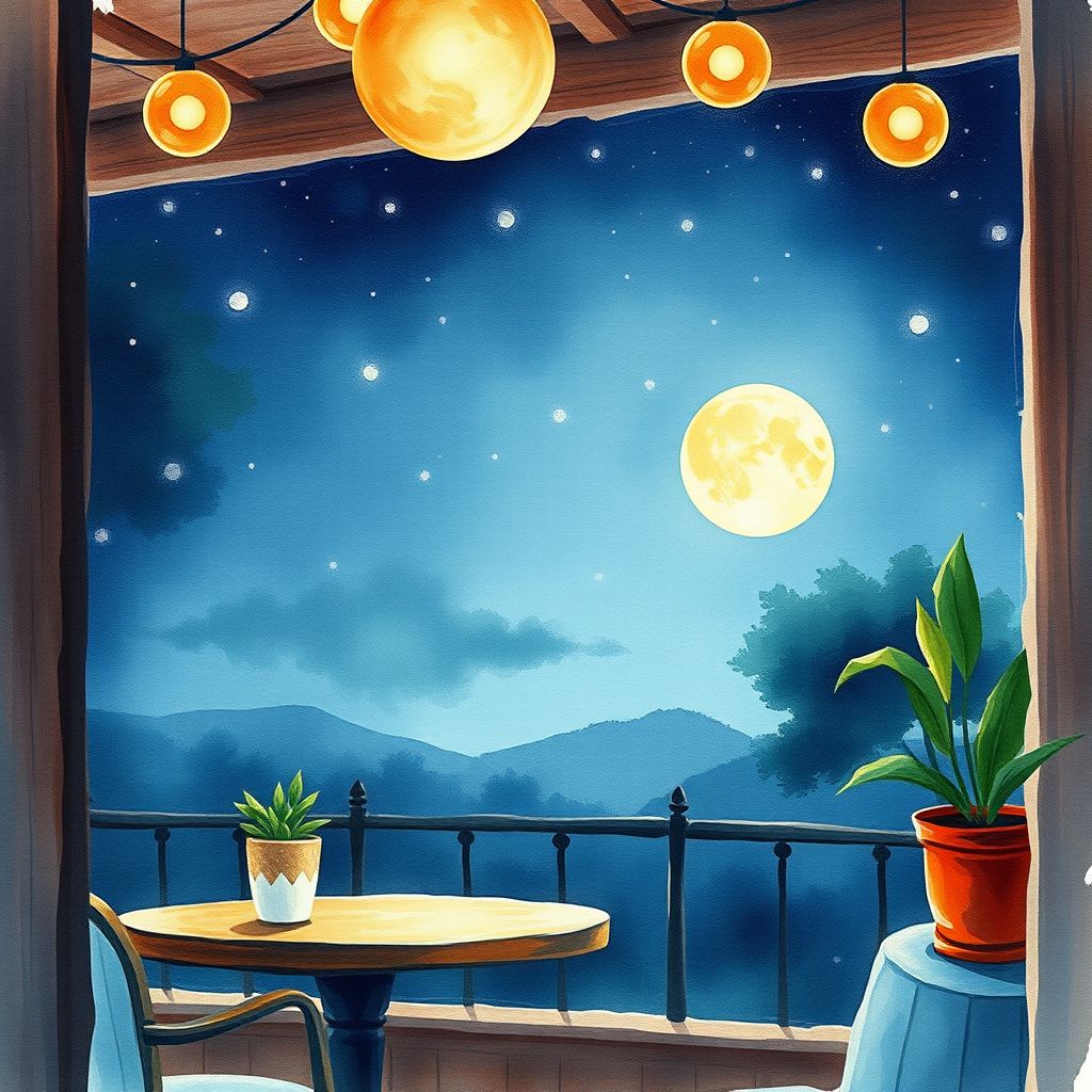 Watercolor style image of coffeeshop with view of the moon generated on Promptus AI.
