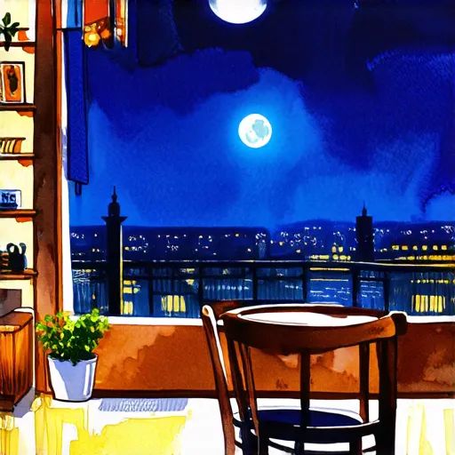 Moon night image in watercolor style created on local AI app Promptus. 