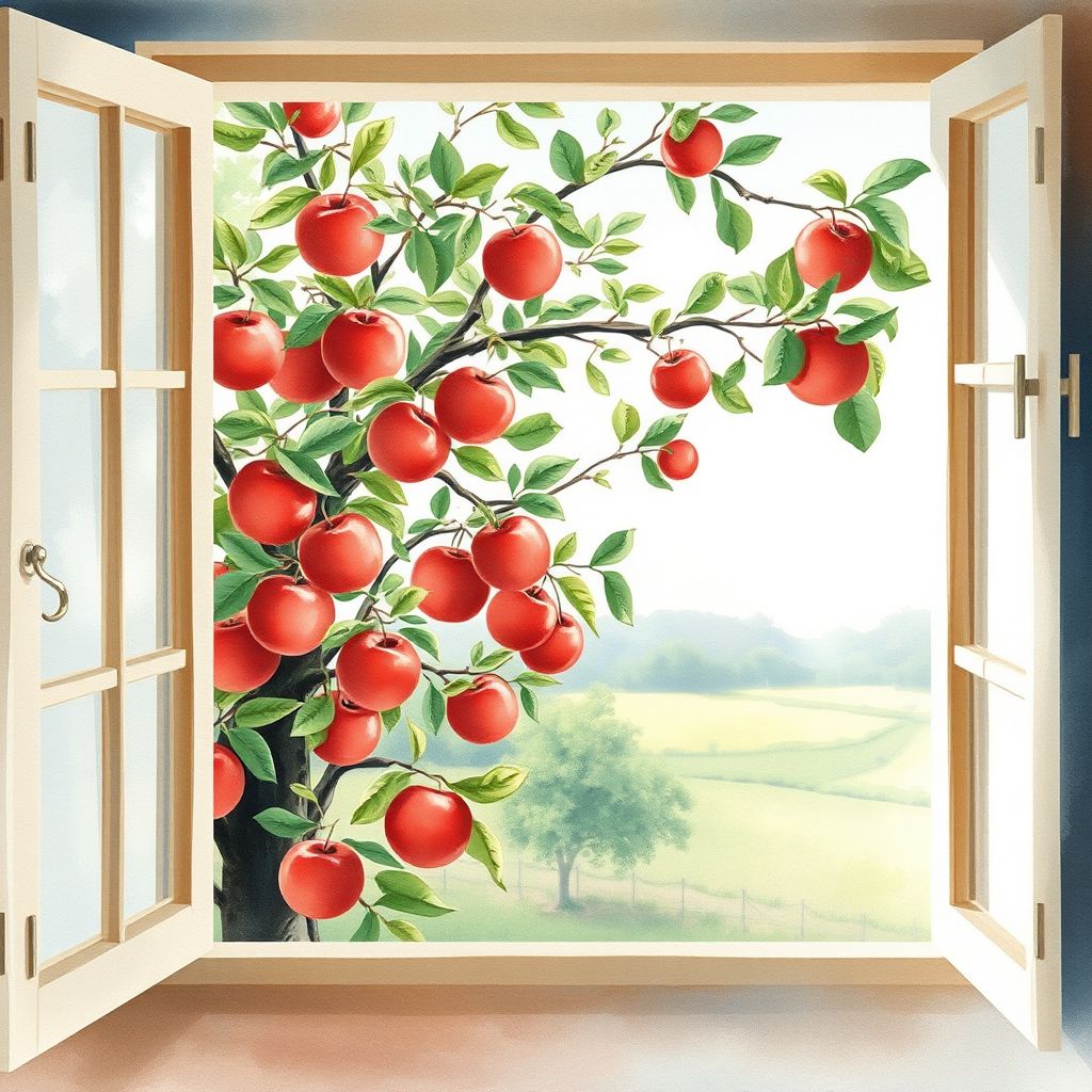 Beautiful watercolor style image of apples in window. 
