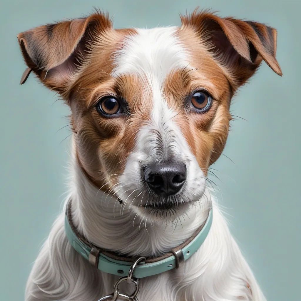 Serious pet portrait of jack russell with blue collar. 