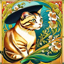 Cat portrait with botanical artwork in the nouveau art style