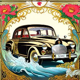 Car driving on the ocean in art nouveau style
