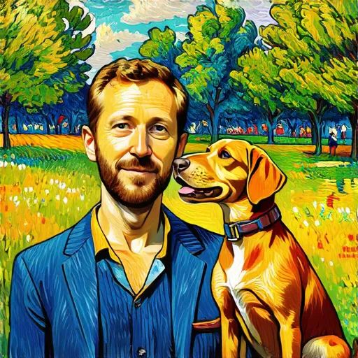 Van Gogh art image generated of man with dog in the park