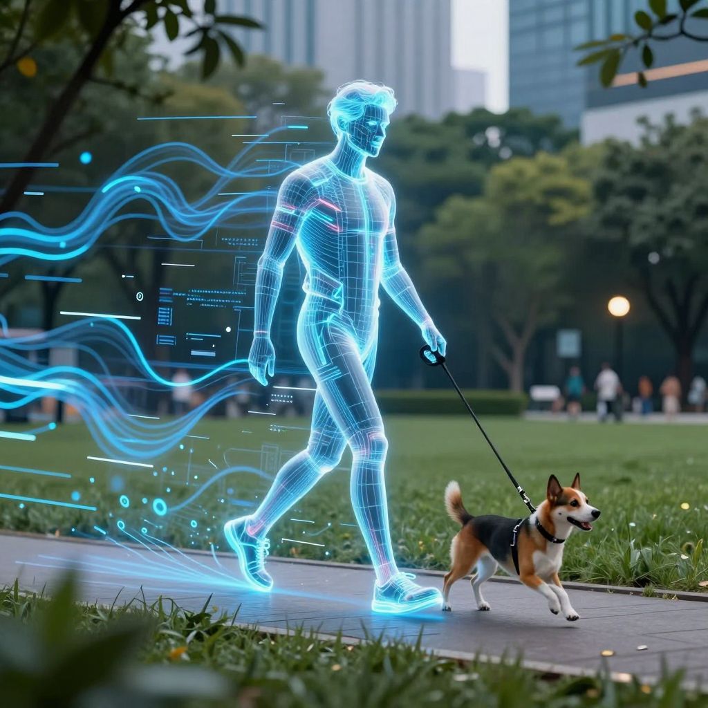 Holography AI image of a man walking with dog in the park