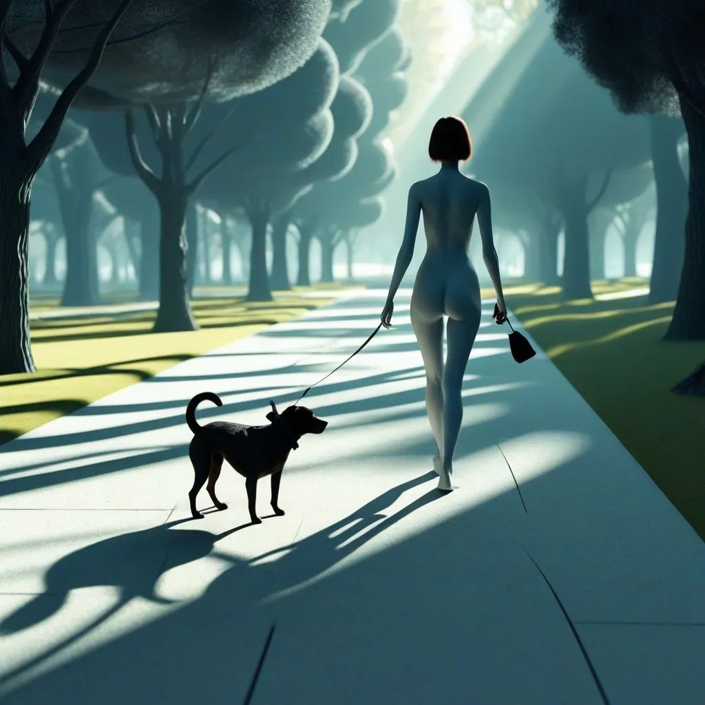 Abstract 3D painting of woman walking dog
