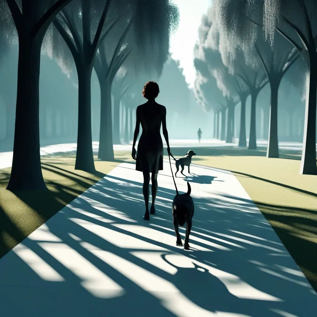 Abstract 3D painting of woman walking dog