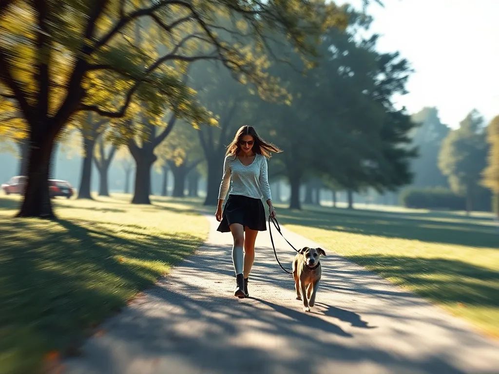 Abstract 3D painting of woman walking dog