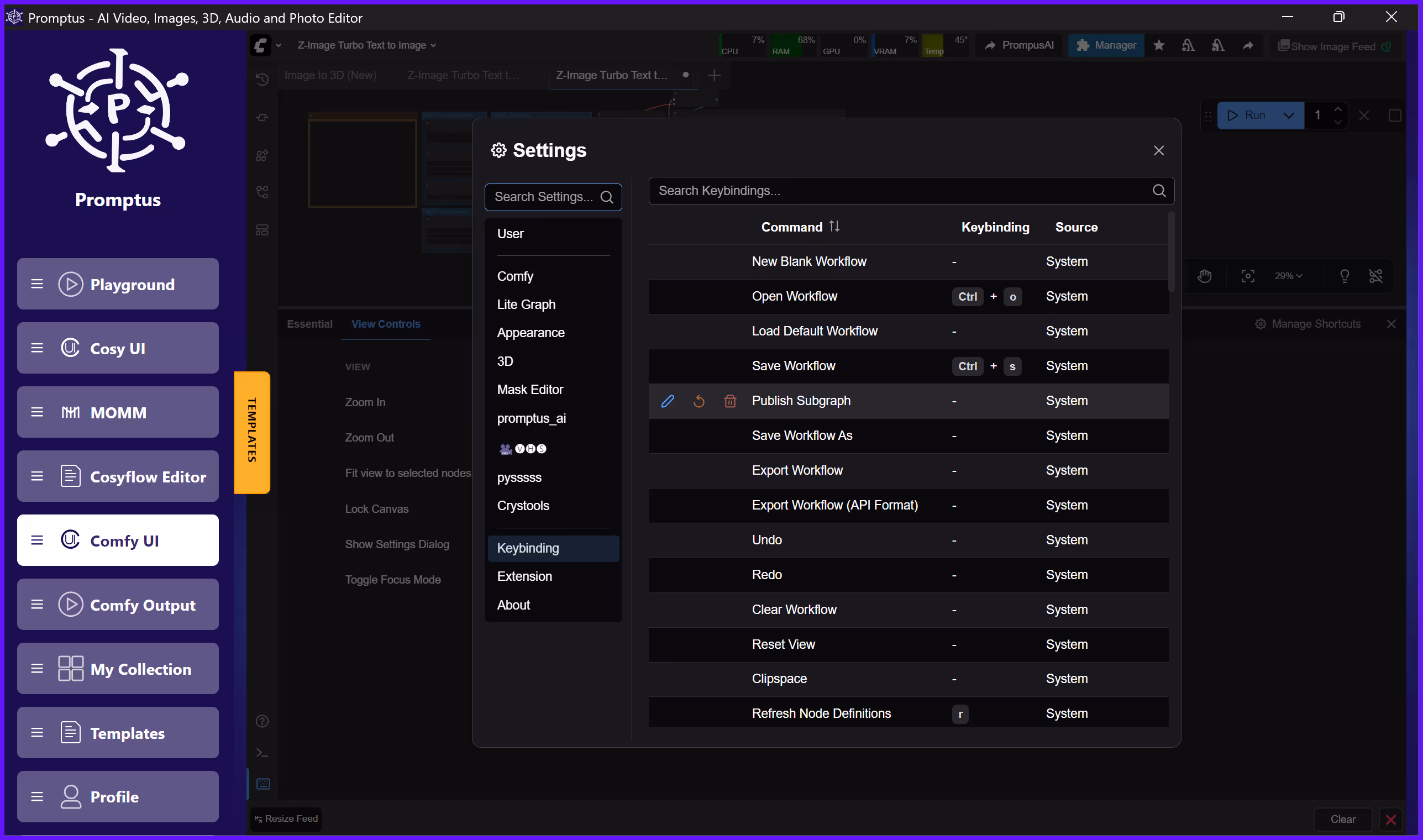 Person using keyboard shortcuts in Promptus ComfyUI interface with workflow nodes visible on screen