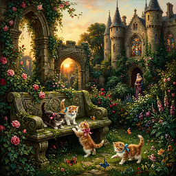 Pre-Raphaelite art stye of garden with dogs