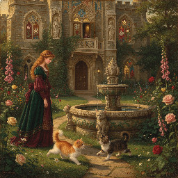 Pre-Raphaelite art style of garden with dogs