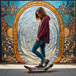 Stained glass design of woman with skateboard