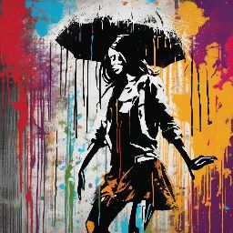 Frau tanzt im Regen im KI-Kunststil von Graffiti.