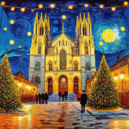 Van Gogh swirling style chapel with moon light