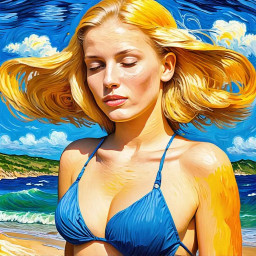 Van Gogh style painting of woman in bathing suit 