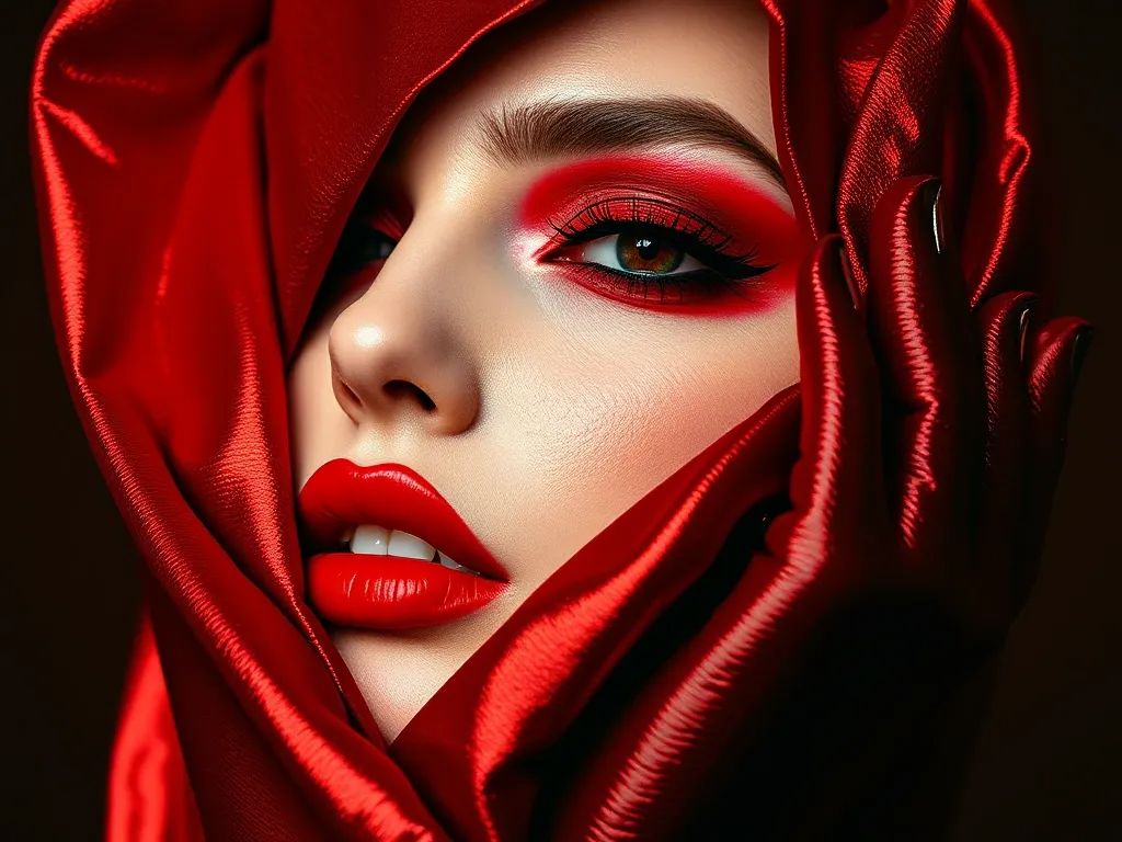 AI generated close-up portrait of a woman’s face in glossy cherry-red satin. Bold crimson eyeshadow sweeps from lash line to brow bone, with sharp black winged liner and flawless ruby-red