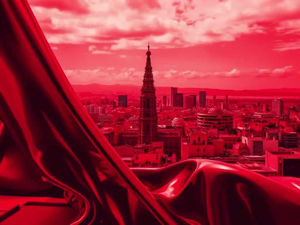 A panoramic cityscape shot through a flowing scarlet silk drape. The ornate spire of the Barcelona Cathedral anchors the midground, with modern high-rises and the distant sea fading.