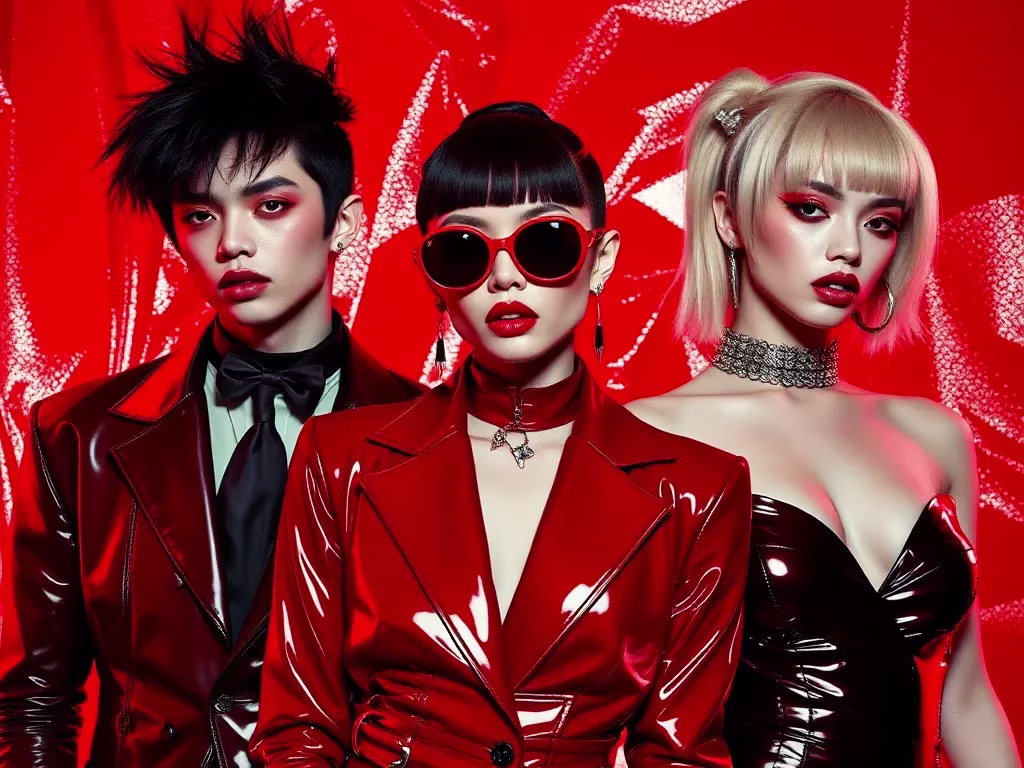 Three androgynous models stand shoulder-to-shoulder against a rich red backdrop. Each wears high-shine red vinyl or leather blazers, paired with bold red eye makeup and lips.