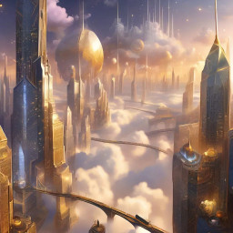 Futuristic golden city perched on clouds, its sleek skyscrapers, floating orbs, and sky bridges bathed in warm sunlight.