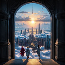 Three cloaked figures stepping through a grand stone arch into a sunlit metropolis of spired towers rising above a sea of clouds at dawn.