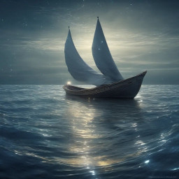 A lone wooden sailboat with two white sails gliding across a moonlit, gently rippling ocean under a misty, star-flecked sky.