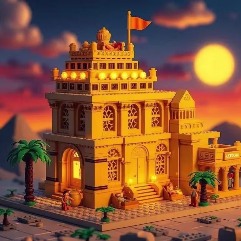A golden, multi-tiered Lego inspired temple at sunset nestled in a desert diorama with palm trees.