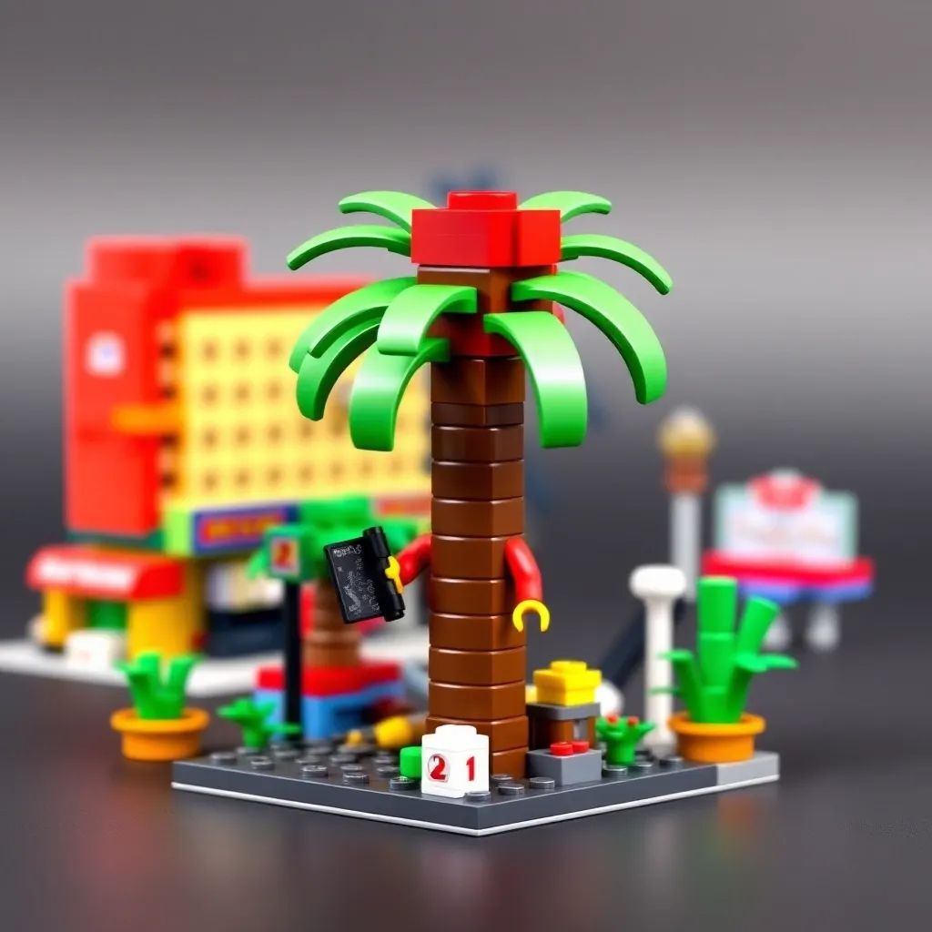 A stylized street-corner vignette: a tall palm tree beside a miniature urban block—complete with tiny signage, planters, and a hidden minifig peeking from behind the trunk.