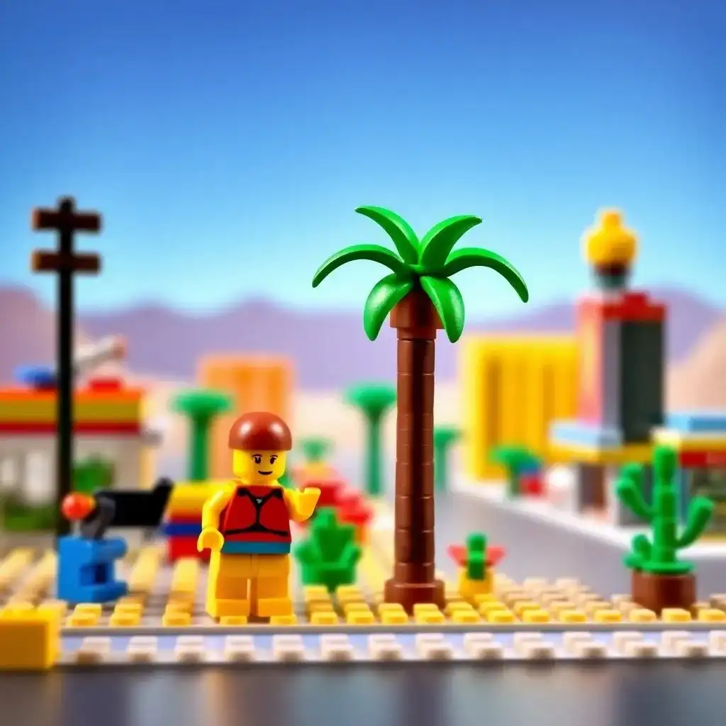 A lone minifigure waves next to a tall palm tree in a sun-baked “town” of blocky buildings, cacti, and a railway track in the background.