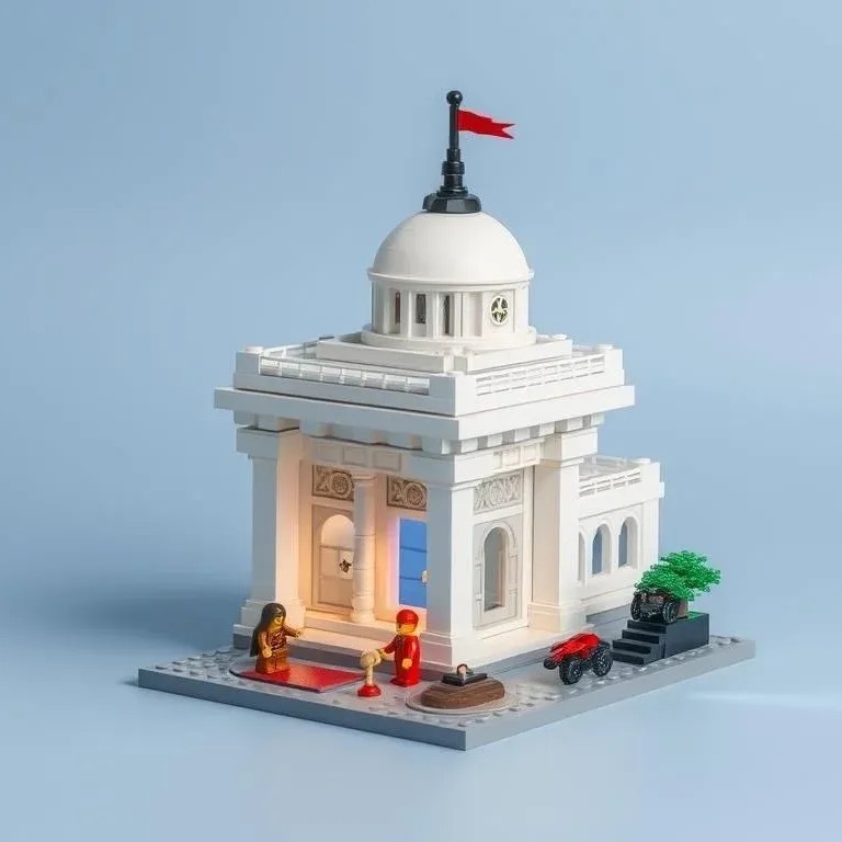 A sleek white domed Lego inspiired pavilion with detailed arches, minifigures, a red flag and a motorcycle on a gray base.