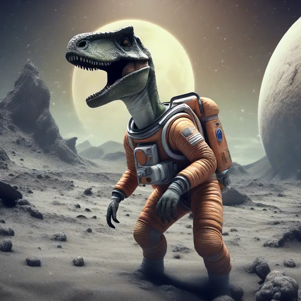 Create a scene of a dinosaur wearing a space suit adventurer equipped with high-tech gear and weapons, exploring an exotic sci-fi world with astronaut taking first step on the moon.