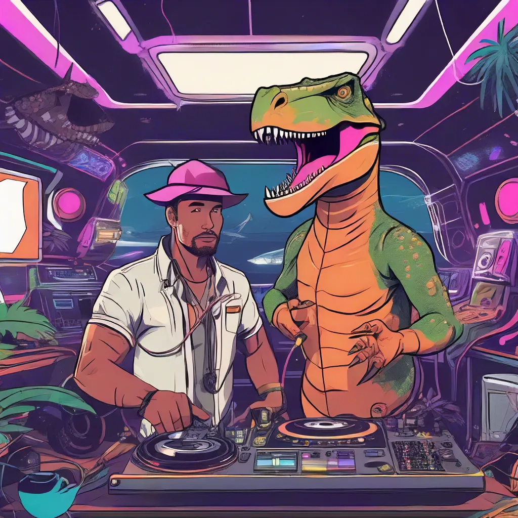 Create a scene of a dinosaur adventurer equipped with high-tech gear and weapons, exploring an exotic sci-fi world at a yacht party as a dj plays music.