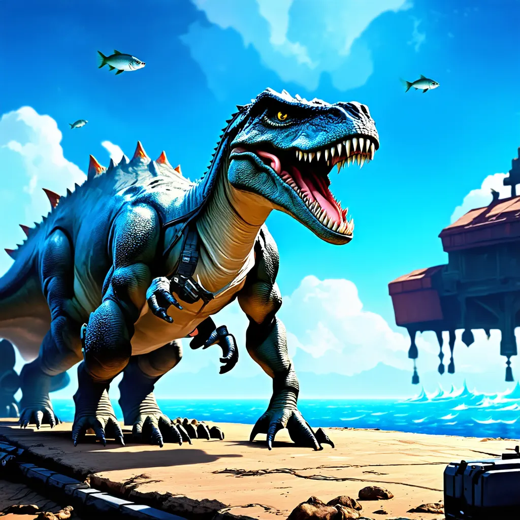 Dinosaur adventurer equipped with high-tech gear and weapons, exploring an exotic sci-fi world on a port by Mediterranean sea buying fish.