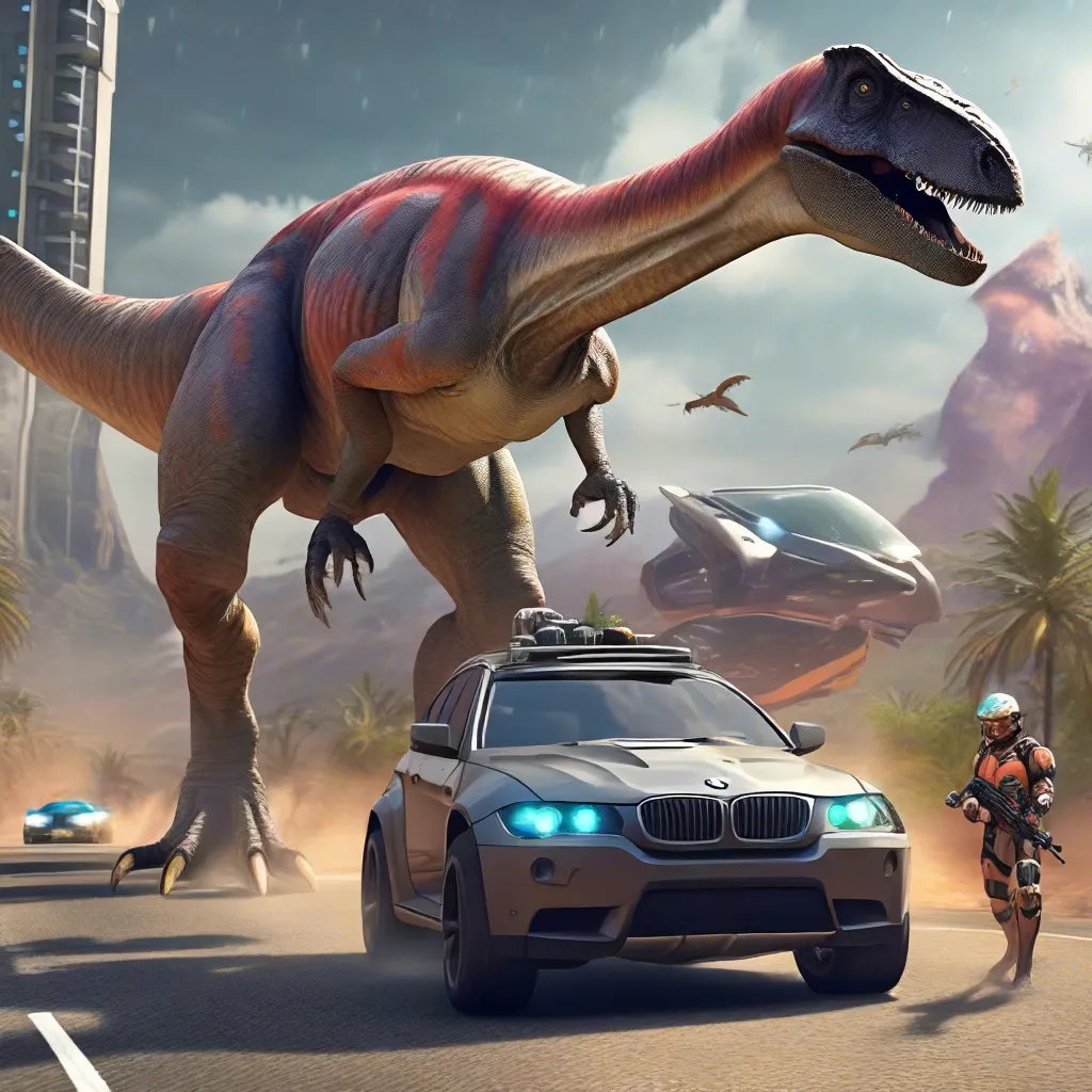 Create a scene of a dinosaur adventurer equipped with high-tech gear and weapons, exploring an exotic sci-fi world driving a bmw car in a super highway.