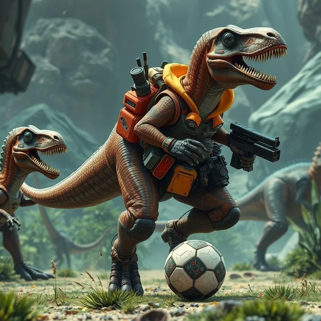 Realistic, high definition AI image of dinosaur adventurer equipped with high-tech gear and weapons, exploring an exotic sci-fi world playing soccer with other dinosaurs.