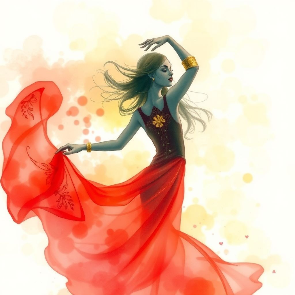 Watercolor style image of a woman in red dress dancing. 