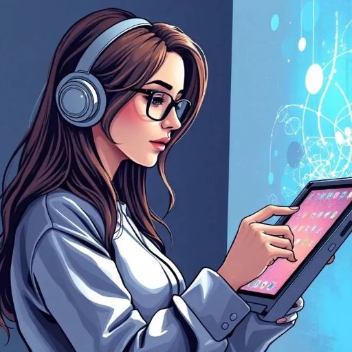 Person in headphones using a tablet beside a glowing AI network graphic, illustrating YuE2 music generation on a local GPU