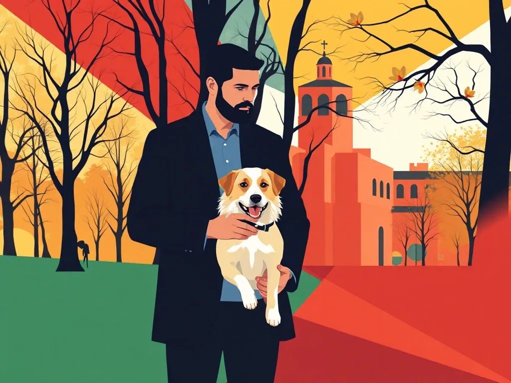 Bauhaus style AI image of man at the park with dog