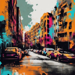 Graffiti-style AI street scene of a city block in bold spray-paint colours
