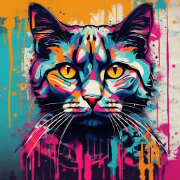 Graffiti-style AI portrait of a cat in bright spray-paint colours with paint drips