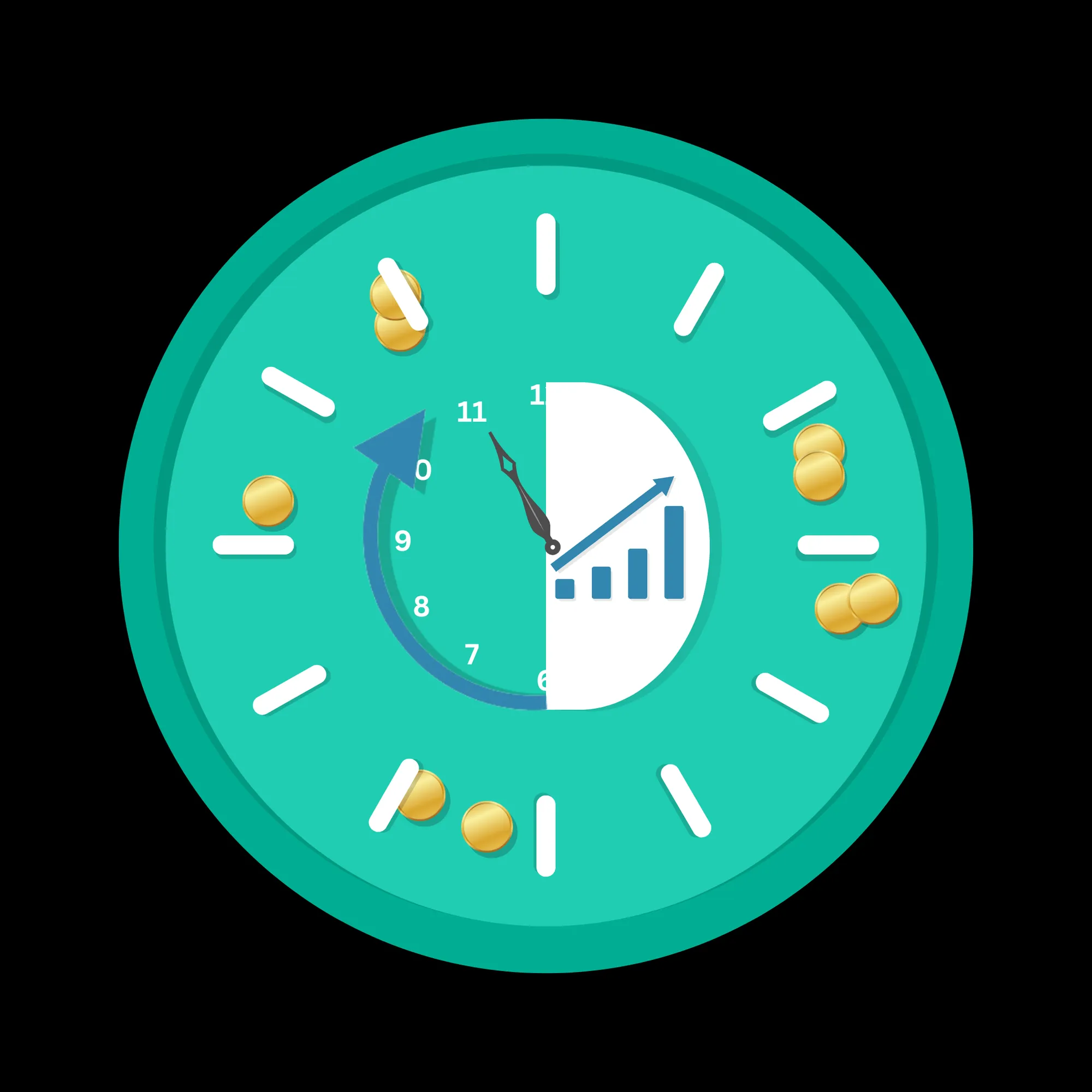 A green clock with gold coins around it.