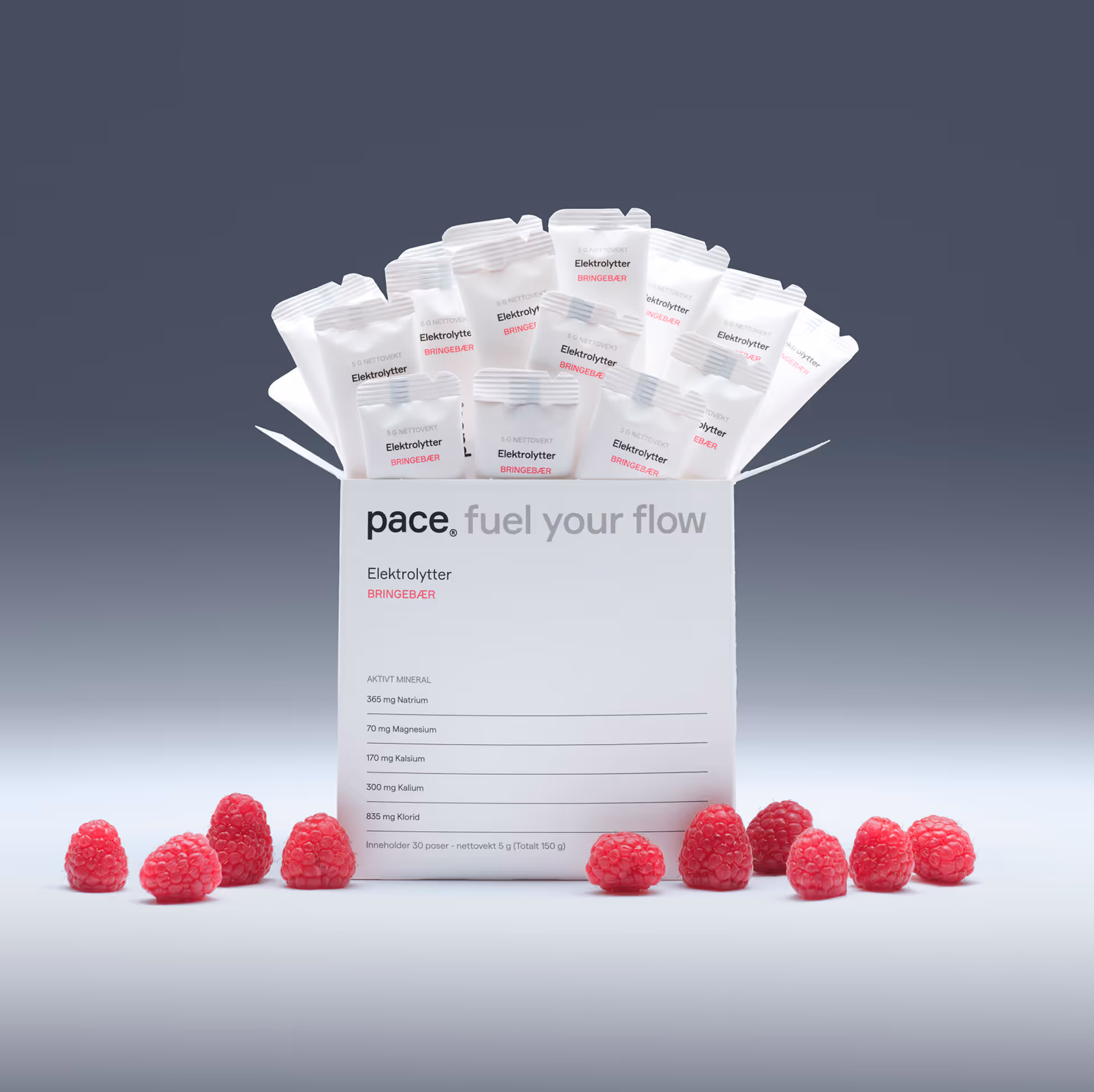 Box of Pace electrolyte raspberry-flavored powder sachets with fresh raspberries scattered around.