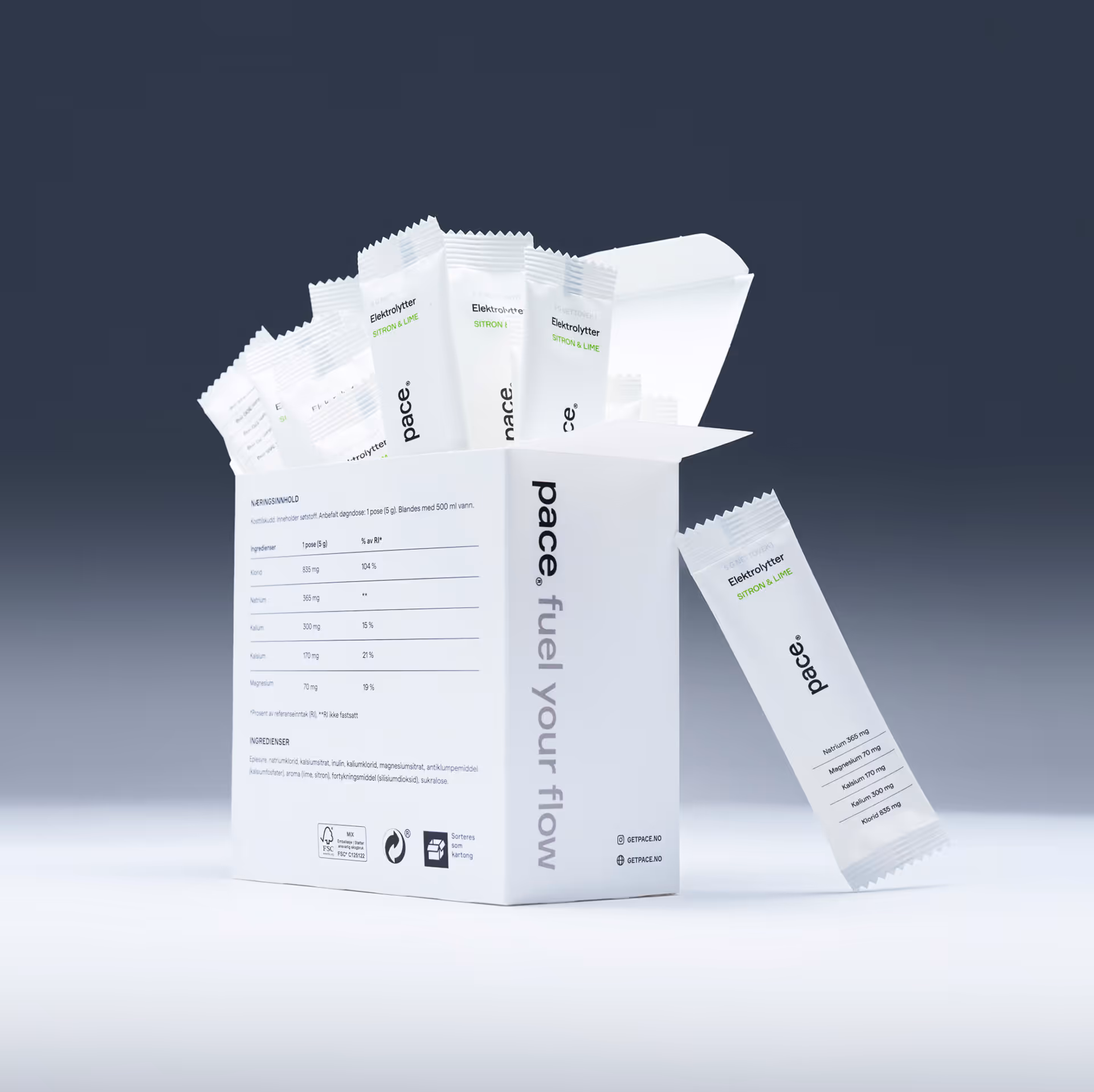 Open white box labeled 'pace fuel your flow' containing multiple white electrolyte powder sachets with 'Sitron & Lime' flavor.