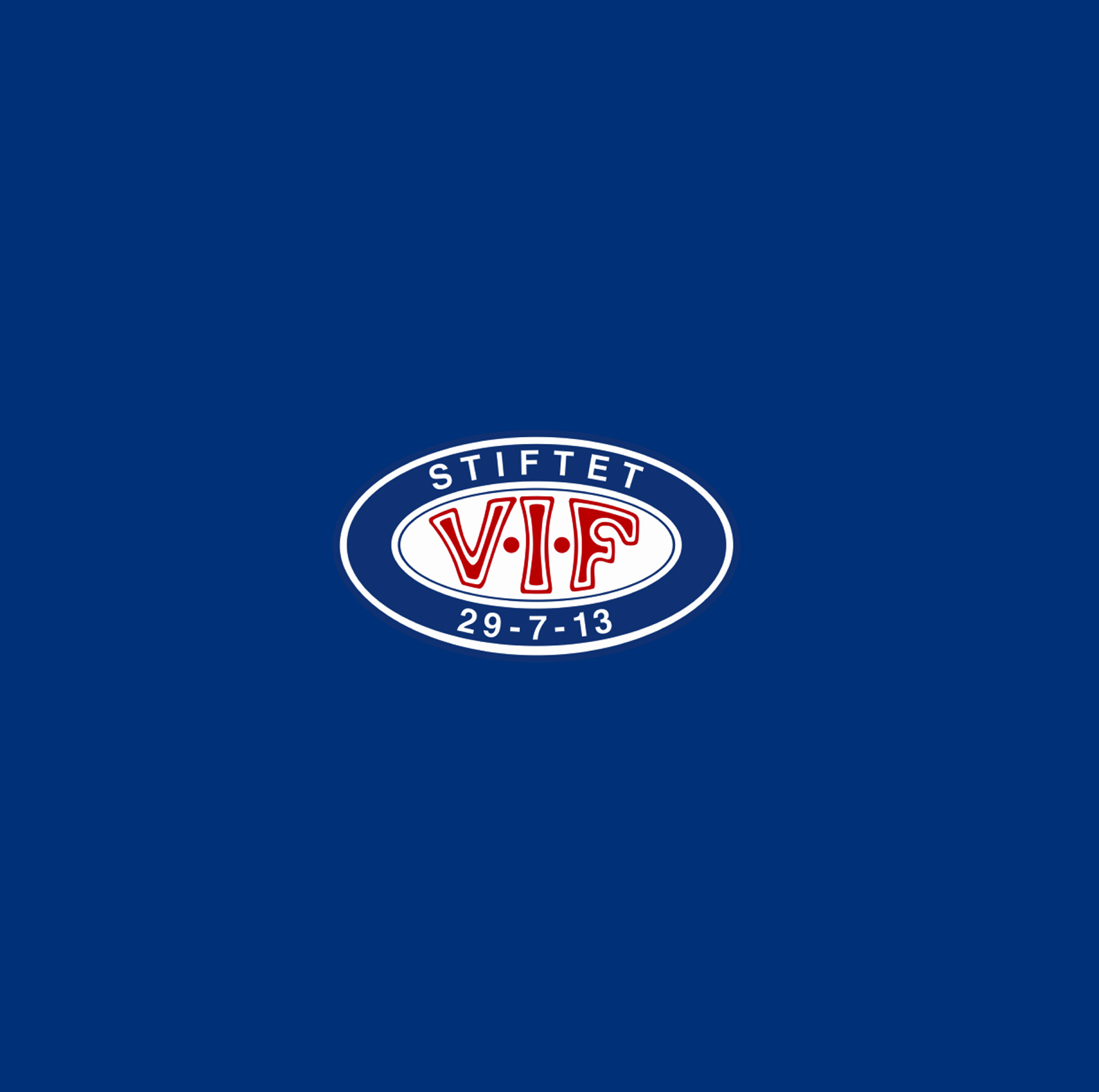 Blue background with a white oval logo containing red text 'VIF' and white text 'STIFTET 29-7-13'.