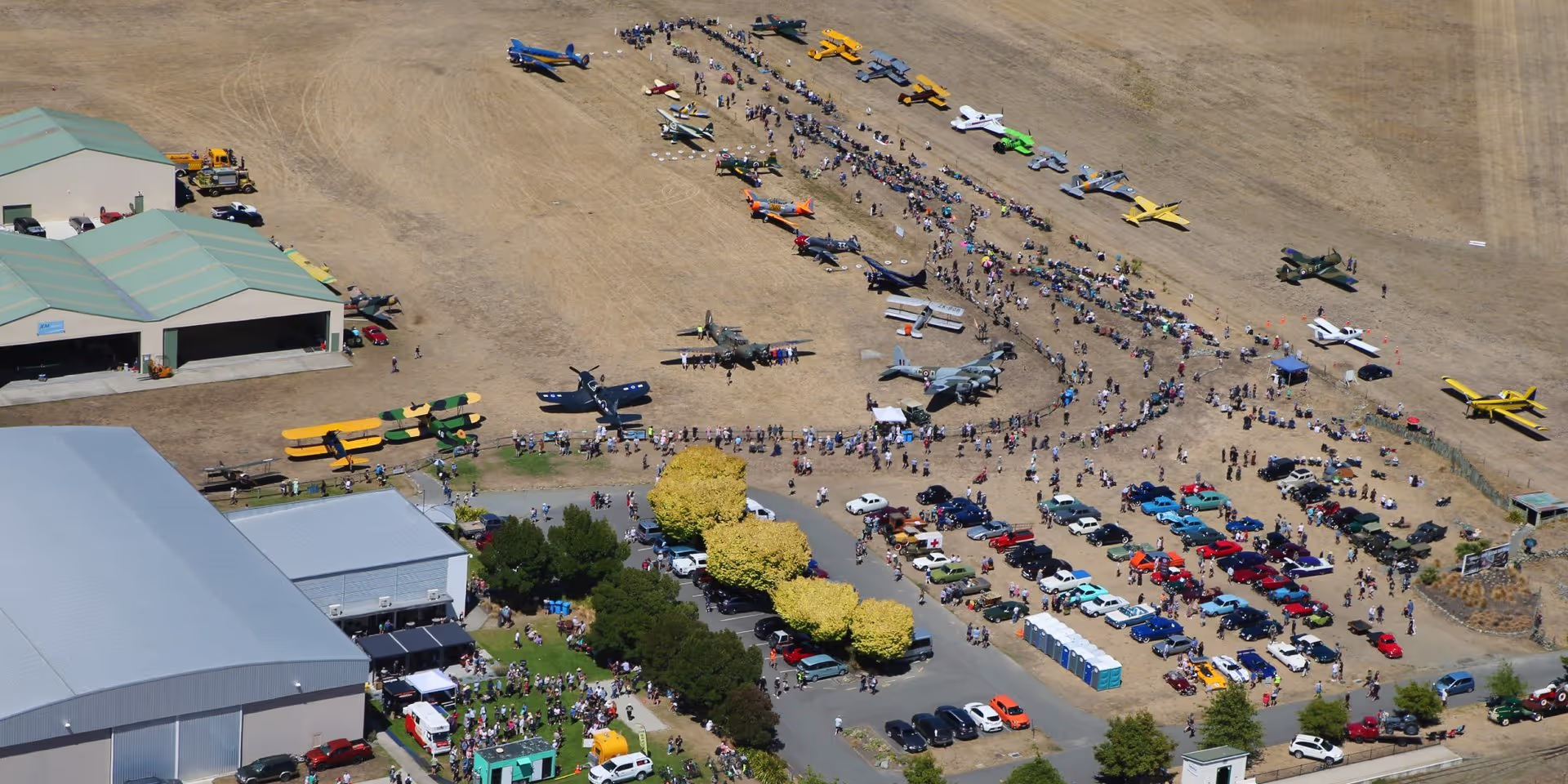 An aerial shot of the Wings and Wheels open day event in progress.