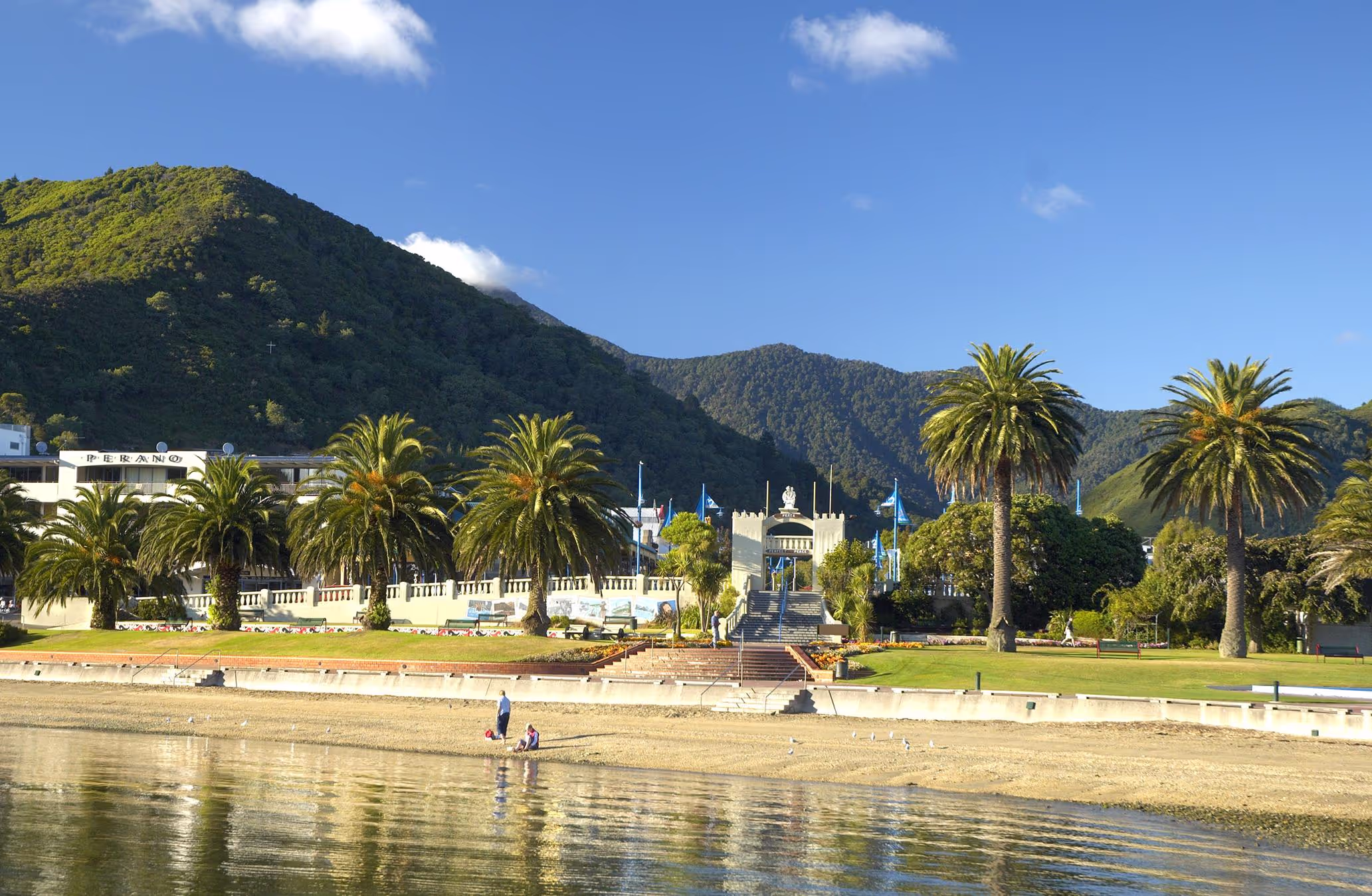 Palm-lined beachfront with a classic building and lush green hill under a blue sky.