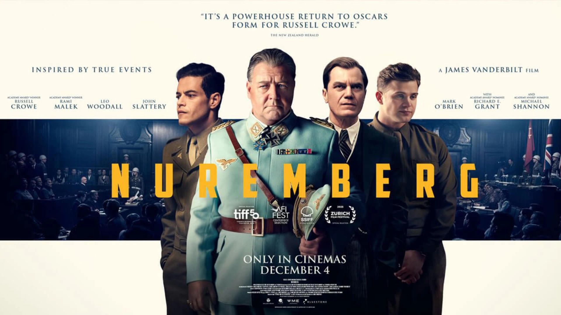 Poster for the film Nuremberg featuring actors portraying historical figures from the post-war trials, including military and legal personnel standing in front of a courtroom setting.