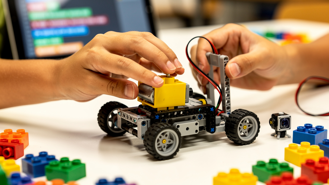Children's hands assembling robot parts in STEM class